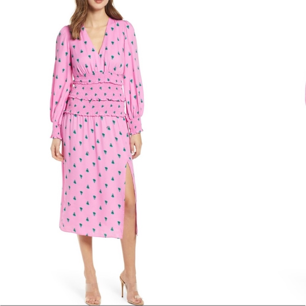 AFRM Pink Ruched Wrap Sundress with Bishop Sleeves